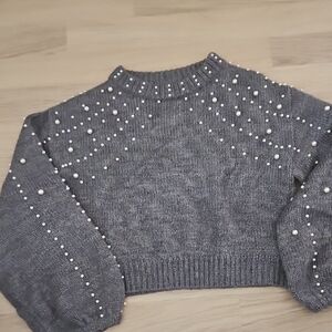 Cropped Charcoal Pearl-Embellished Women's Turtleneck Sweater